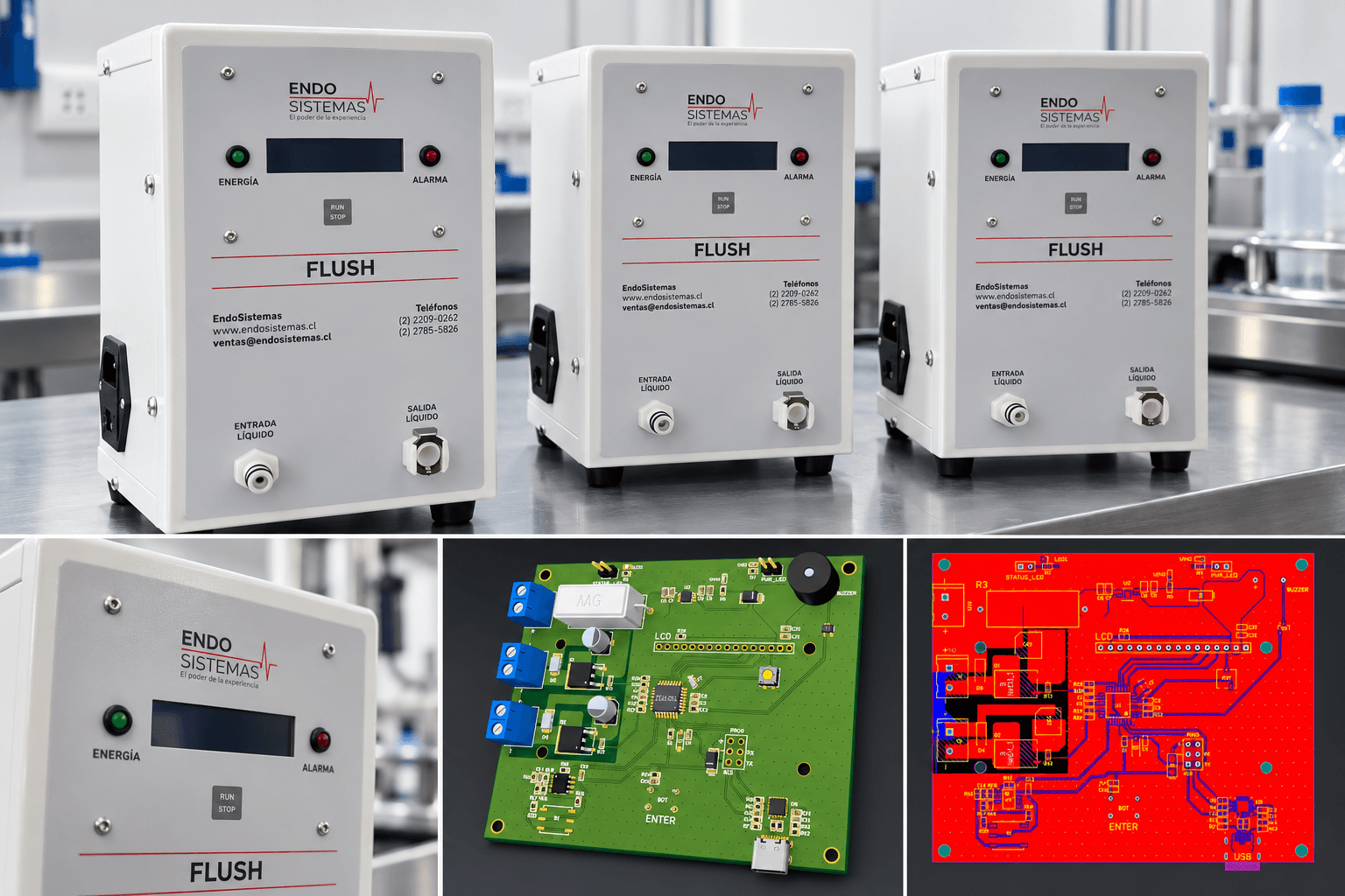 Tres equipos Endoflush de Endosistemas sobre un mesón de acero: carcasa blanca con pantalla, luces de energía y alarma, botón de marcha y conexiones de entrada y salida de líquido; abajo, un detalle del panel, la placa electrónica y el diseño de su circuito impreso