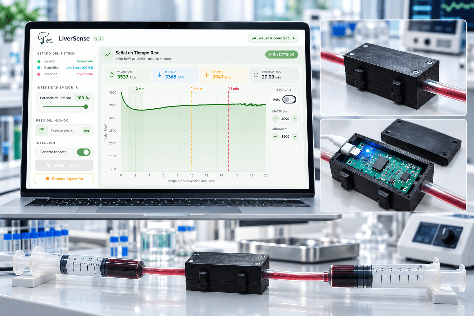 Equipo LiverSense en un laboratorio: la aplicación de escritorio con la señal en tiempo real, la carcasa por la que pasa la línea de la muestra y su placa electrónica